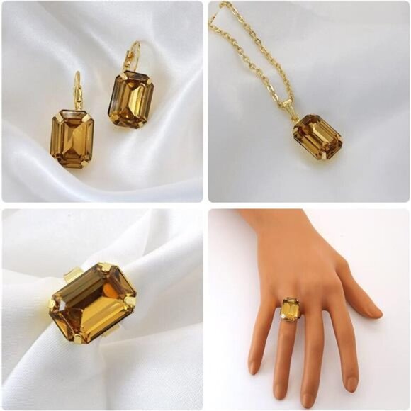 Gold-Tone Jewelry Set with Topaz Crystal- Gemstone Pendant, Ring & Earrings - Picture 4 of 6